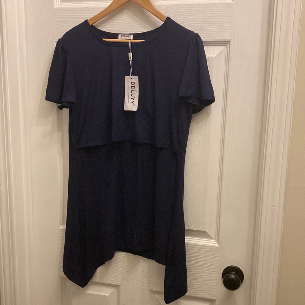 Navy Blue Asymmetrical Maternity / Nursing Top size Large NWT